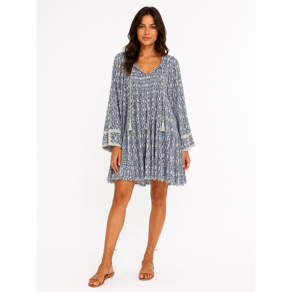 Free People Marlow Pintuck Blue White Diamond Print Boho Tunic Mini Dress Small